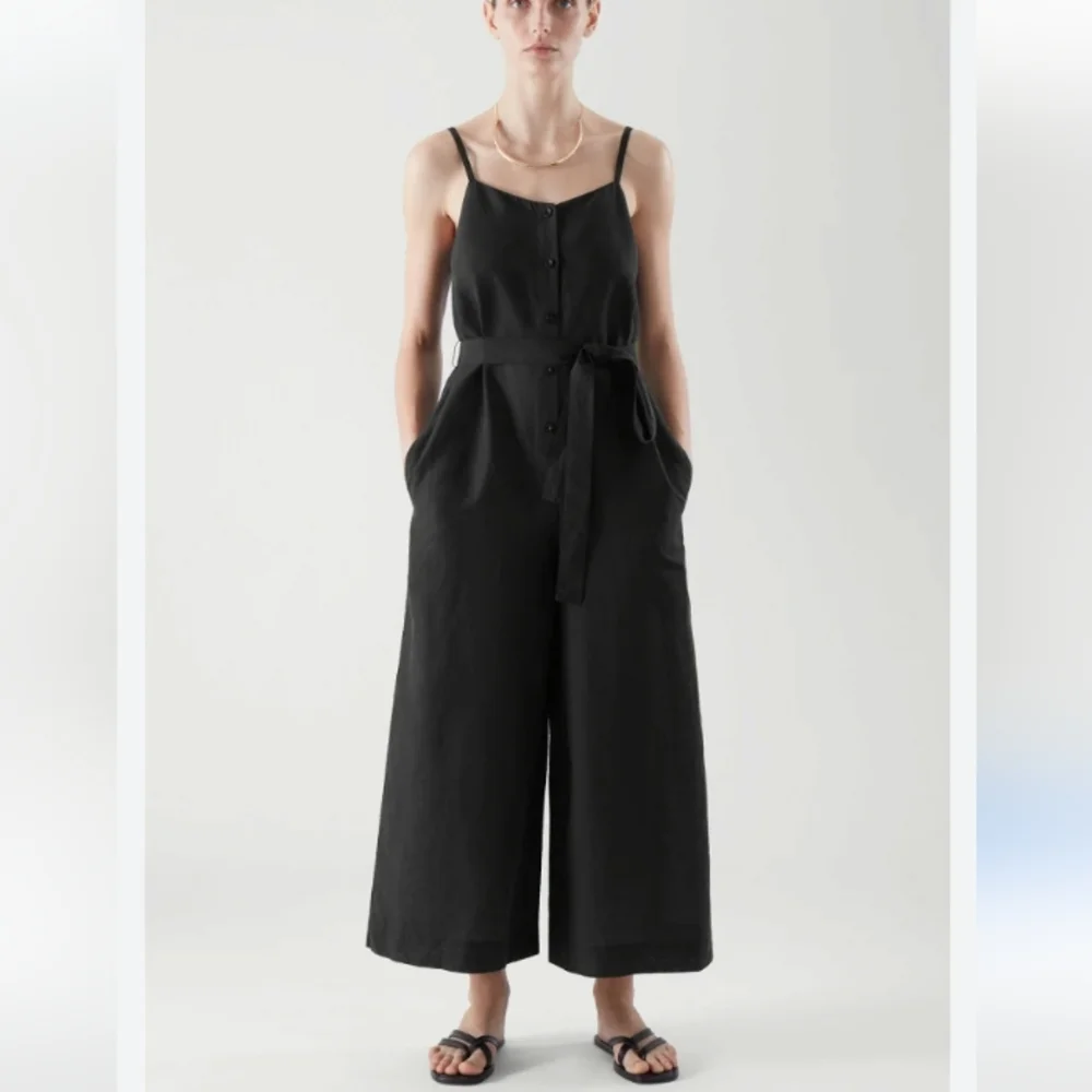 COS Linen Belted Wide Leg Jumpsuit Black 4